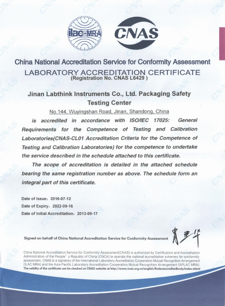 Porcellana Labthink Instruments Co, ltd Certificazioni